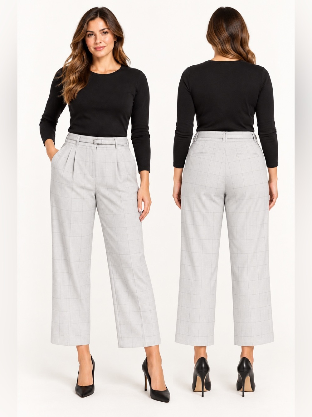 Calvin Klein Women’s Plus Size 16W Light Gray Plaid Belted Dress Pants NWT
